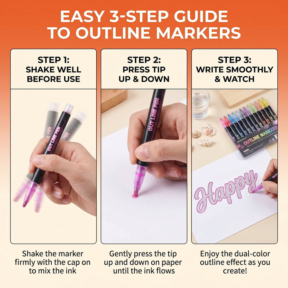 Outline markers arranged with example artwork