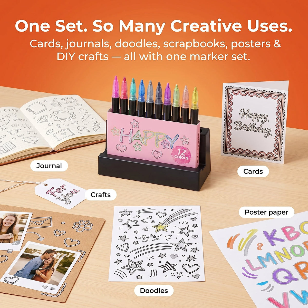 Twelve colourful outline markers and lettering