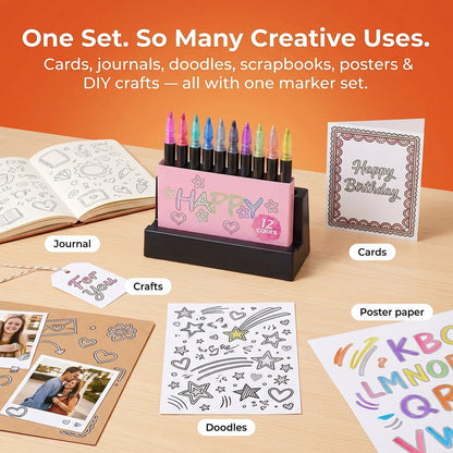 Twelve colourful outline markers and lettering