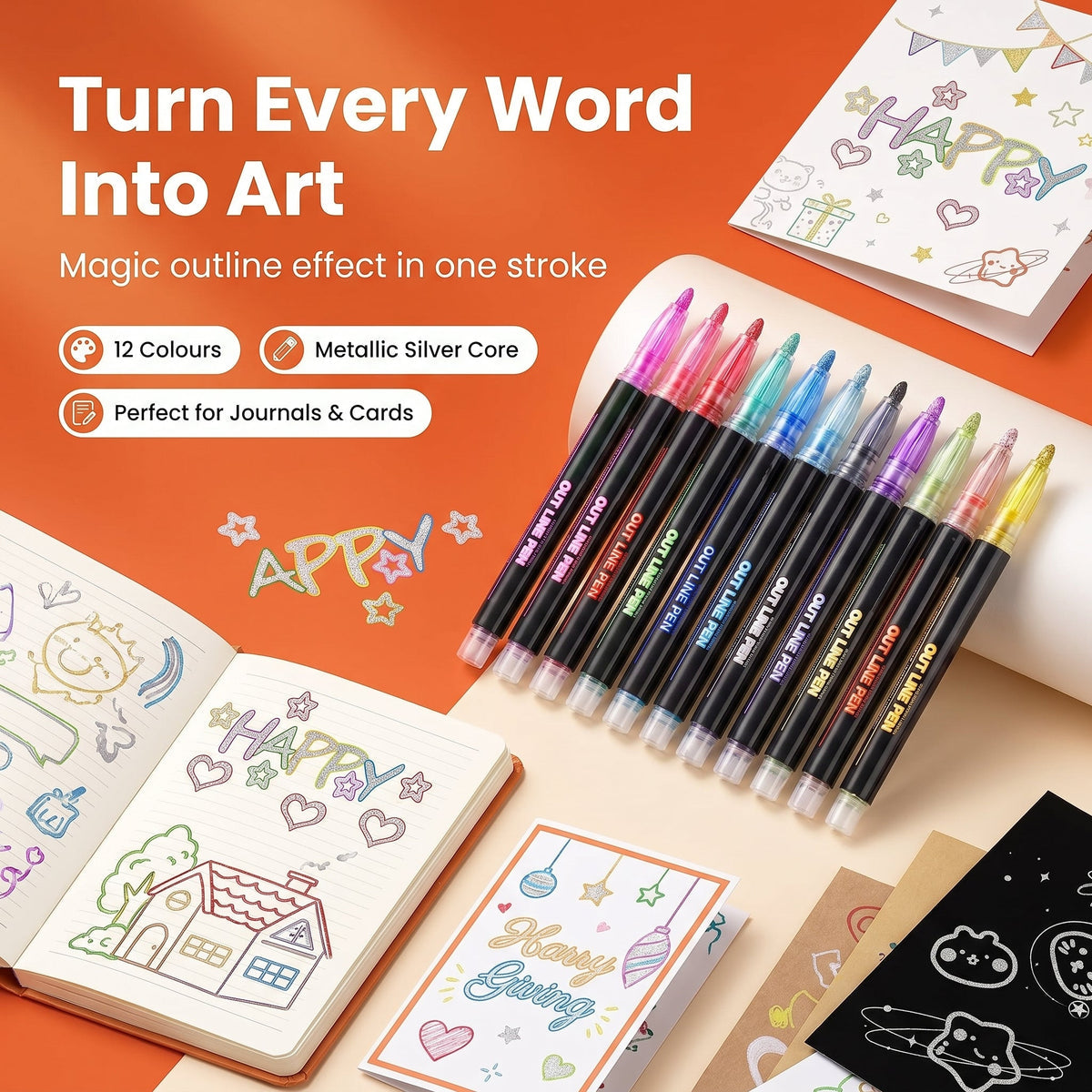 Set of 12 outline markers beside cards and journal lettering
