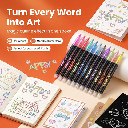 Set of 12 outline markers beside cards and journal lettering
